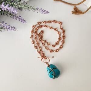 Copper Wire Wrapped Turquoise Wagnerite Nugget Pendant Necklace